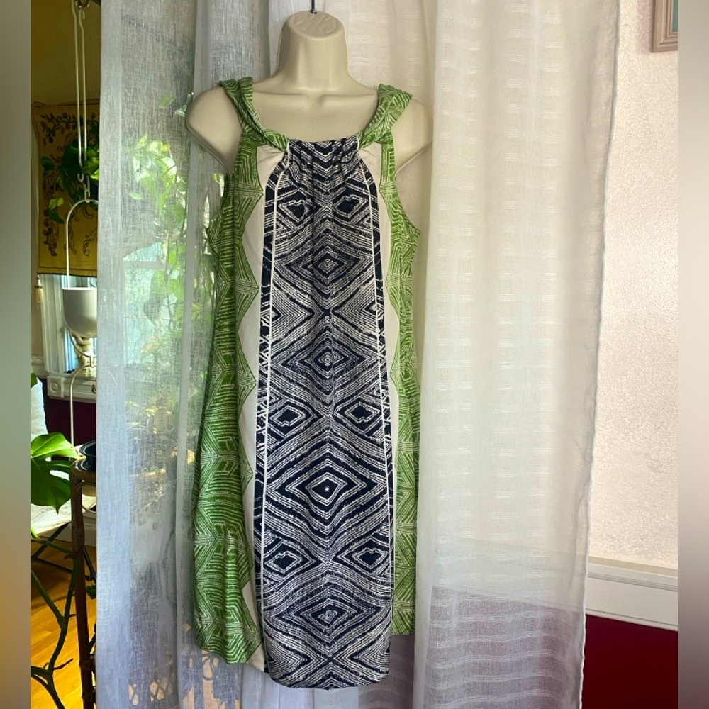 Banana Republic 100% Silk Green and Black Sleeveless Dress Size Large - Picture 1 of 8